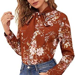 Floerns Women's Floral Print Bow Tied Neck Blouse